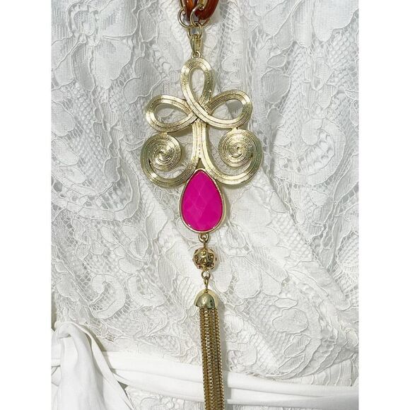 Lilly Pulitzer Boho‎ Lariat Necklace Gold Tone Chain Pink Stone Tassel Pendant - Picture 4 of 11